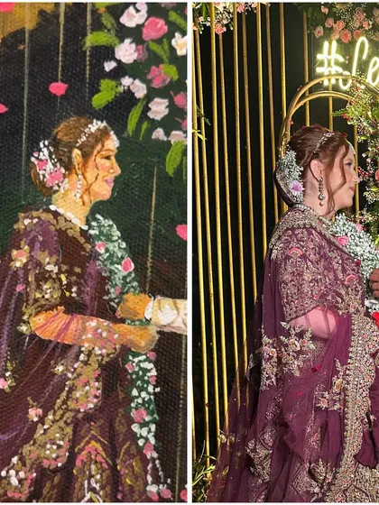 A close-up comparison of the bride's profile. I love working with rich colors like this deep purple and making sure the floral details and embroidery shine in the final painting.