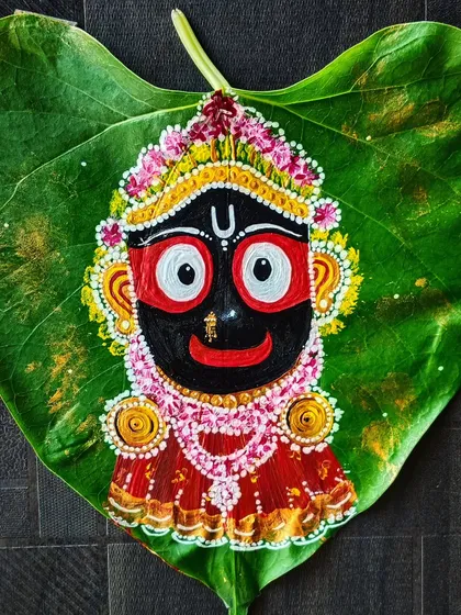 I painted this detailed portrait of Lord Jagannath on a real, hand-selected Pipal leaf. This piece combines my love for devotional subjects with the unique challenge of using a natural canvas, making it a truly special artwork for any sacred space.