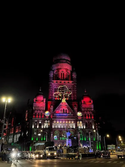 A projection of Mahatma Gandhi on the facade.