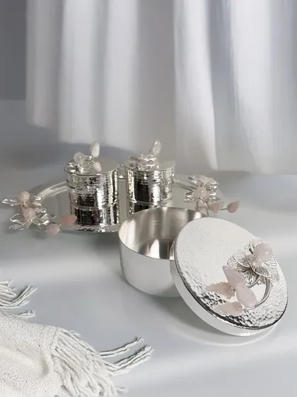 Grace in every detail. My Rose Quartz Collection includes these beautiful silver-plated jars and salt-pepper shakers, all accented with delicate crystal clusters.