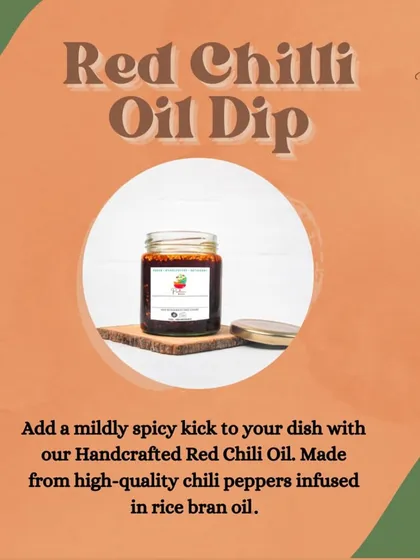 Add a mildly spicy kick to your dish with my Handcrafted Red Chilli Oil Dip, made from high quality chili peppers infused in rice bran oil.