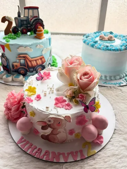 Three different stories in one frame. A whimsical bunny cake, a fun construction cake, and a sweet welcome cake for a newborn.