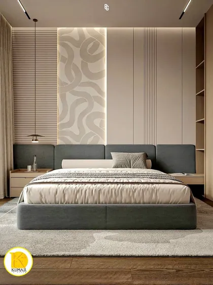 A contemporary bedroom with a unique textured headboard wall. The low, platform bed in grey fabric adds to the modern and minimalist feel.