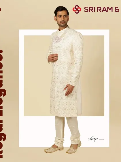 Regal elegance in every thread. This pristine white sherwani with delicate embroidery is a testament to our craftsmanship, designed for the groom who seeks a timeless and sophisticated wedding look.