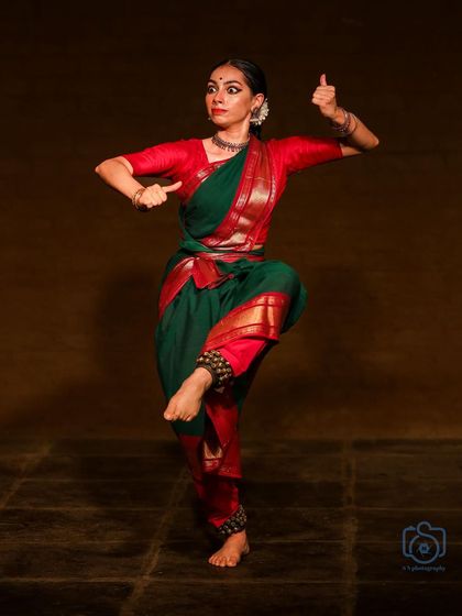 A classic Bharatanatyam pose that requires balance, strength, and grace. This is from a performance at Kottichetham Studio Theatre.