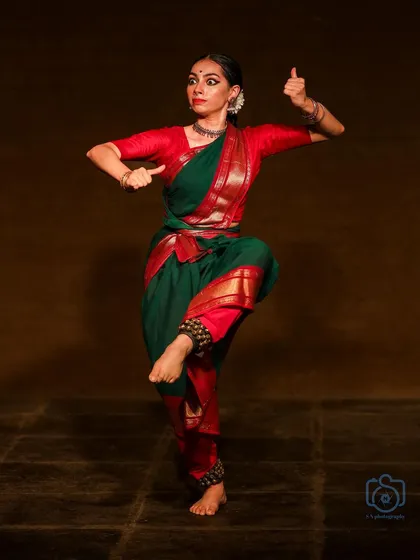 A classic Bharatanatyam pose that requires balance, strength, and grace. This is from a performance at Kottichetham Studio Theatre.