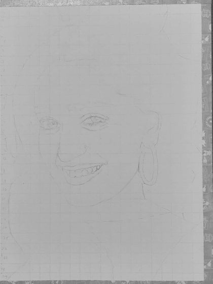 See how I drew Niharika NM's portrait. These images show the process from the initial grid and eye sketch to the final rendering of her hair and smile.