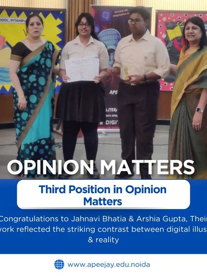 Our students secured third place in "Opinion Matters" at Literary Saga 2025. Their artwork reflected the striking contrast between digital illusions and reality, showcasing their thought-provoking creative expression.