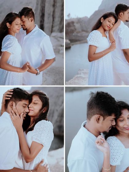 A four-panel grid of a couple's intimate moments by the water. This format is perfect for showing the progression of emotion during a pre-wedding session.