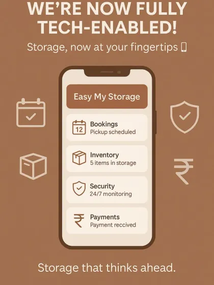 We are a fully tech-enabled service, putting control at your fingertips. This graphic showcases our mobile app, which allows you to schedule pickups, track your inventory, monitor security, and manage payments seamlessly.