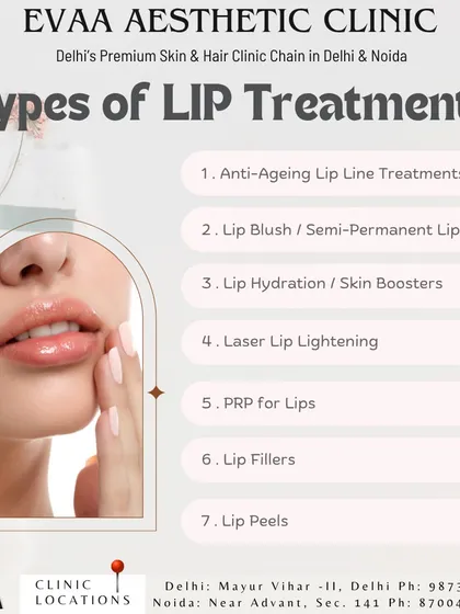 An overview of the different types of lip treatments we provide. Our services range from anti-aging line treatments and lip fillers to PRP for lips and laser lip lightening.