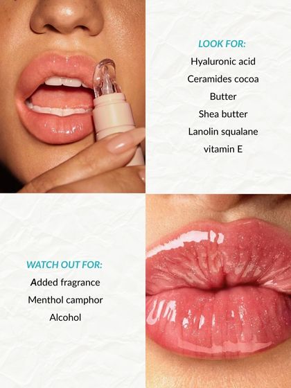For healthy, hydrated lips, look for ingredients like hyaluronic acid, ceramides, and shea butter. At the same time, watch out for and avoid irritants like added fragrance and alcohol.