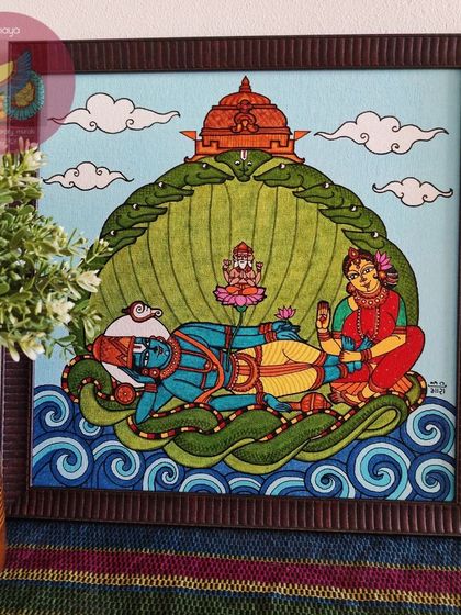 The 14x14 inch Ananthasayanam painting, framed and displayed. This piece tells a grand cosmic story and serves as a beautiful, spiritual centerpiece in the home of a cherished client.