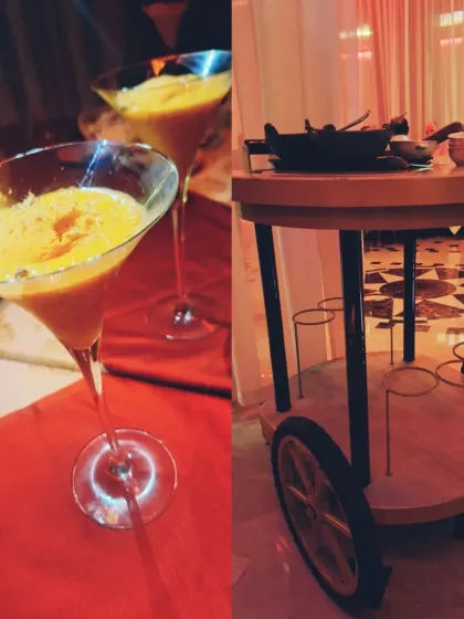 The mango falooda kulfi, served in a martini glass from a traditional dessert cart. A delightful end to a spectacular meal.
