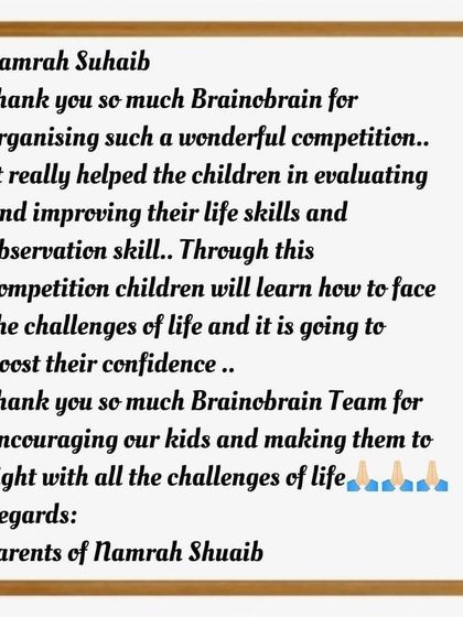A wonderful feedback note from the parents of Namrah. They highlight how our programs help children learn to face life's challenges and boost their confidence.