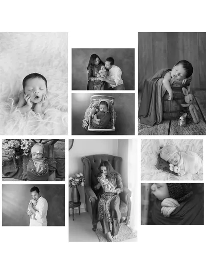 A black and white collage that tells the story of a newborn session, from solo portraits of the baby to tender moments with the parents.