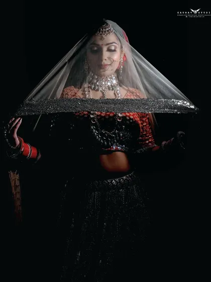 A similar dramatic shot, capturing a different angle of the bride under the veil.