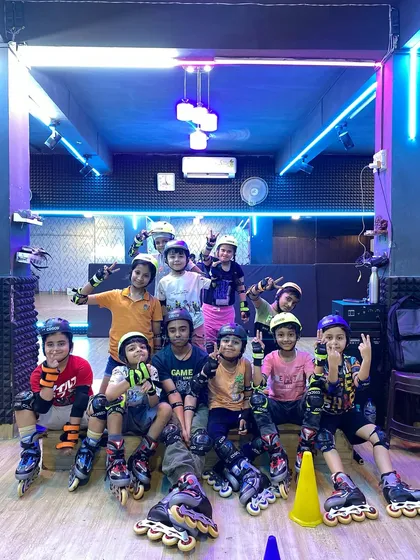 Our skating crew after a great session. We build a strong sense of community where every child feels supported while learning on their inline or quad skates.