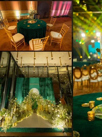 The Sangeet decor was built around a rich emerald green and gold palette. A stunning floral archway greeted guests, leading them into a hall filled with elegant table settings and dramatic lighting.