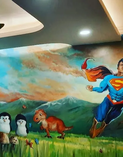 A closer look at the painted details in the kids' room mural. We use bright, engaging colors and a friendly art style to create a world that children will love to spend time in.