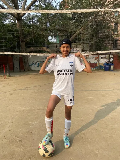 DYFA girls Prapti and Sakshi after their club debut with Noida City FC. It's a remarkable achievement to be in the squad at just 12 years old.
