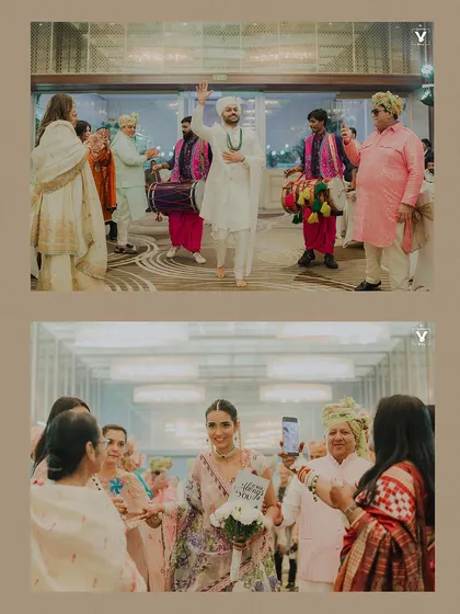 A collage of the groom's baraat arriving and the bride's entrance. These shots capture the energy of the dhol players and the joy of the families coming together.
