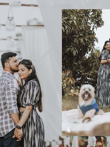 A collage that shows both a romantic embrace and a full-family portrait including their beloved dog.