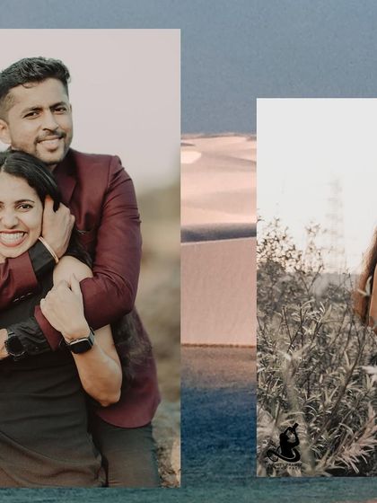 A joyful and candid collage from a pre-wedding shoot, showcasing the couple's happy and playful interactions.