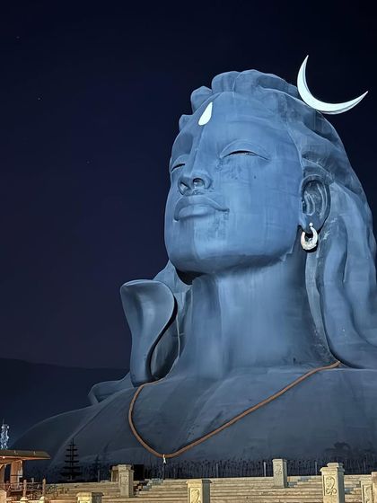 The magnificent Adiyogi statue at night. Its powerful presence inspires a deep sense of awe and devotion, reminding us of the ultimate yogi and the source of this sacred science.