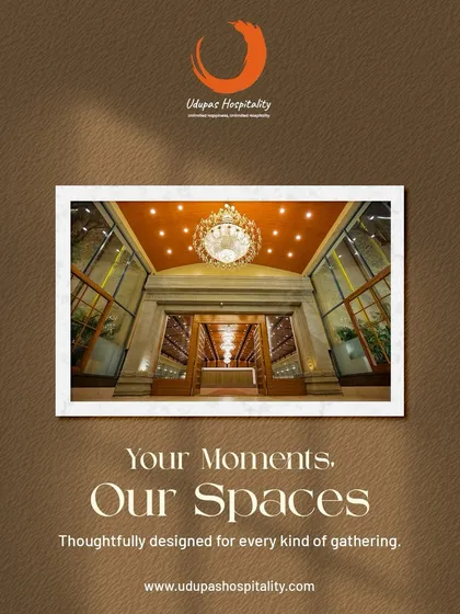 The grand entrance to our Maanikya venue, featuring a magnificent crystal chandelier. This is where unforgettable moments begin, in spaces thoughtfully designed for every kind of gathering.