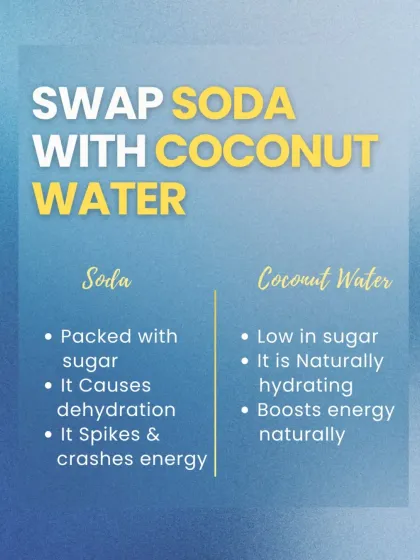 Ditch the sugary soda that causes energy crashes. Switch to coconut water, which is naturally hydrating, low in sugar, and gives you a natural energy boost without the junk.