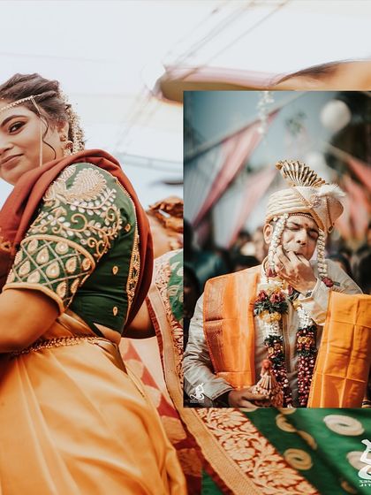 A collage capturing candid moments from the wedding ceremony, showing both the solemn rituals and the playful interactions.
