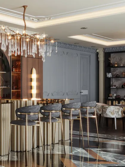 A glamorous bar and dining space, featuring a fluted golden bar and a cascading crystal chandelier. The render creates an atmosphere of refined, classic luxury.