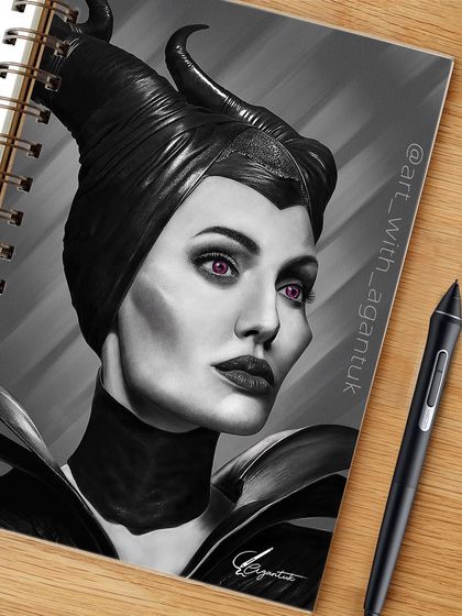 The Maleficent portrait displayed on a digital sketchbook. I often create these mockups to help clients visualize how their commissioned artwork will look.