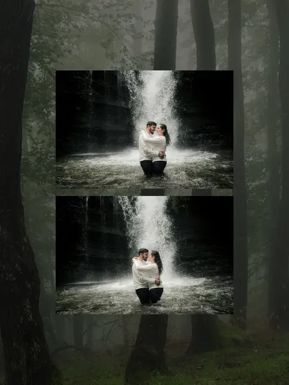 A duplicate of image 40, this creative edit frames the couple's embrace under a waterfall, emphasizing the dramatic and romantic nature of the scene.