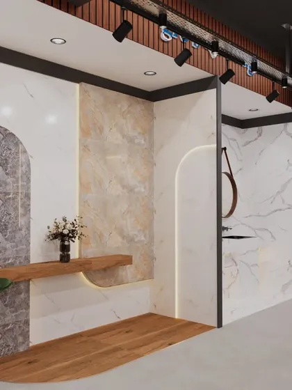 A 3D render for a tile manufacturer's showroom. We designed distinct zones with arched niches and varied lighting to showcase different tile collections in realistic mock-up settings.