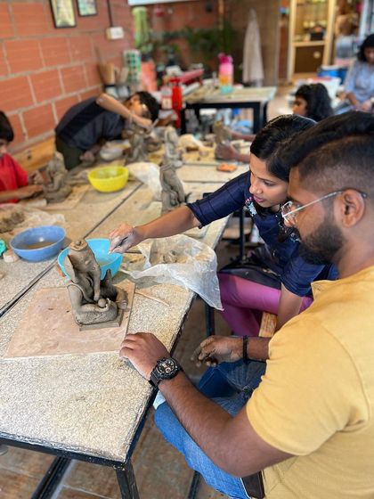 Glimpses from our Ganesha making workshops. You can see participants of all ages learning to sculpt, adding details, and bringing their beautiful idols to life under my guidance.