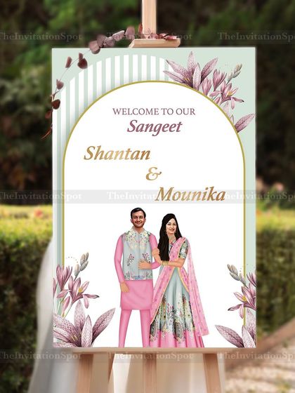 First impressions matter. This custom caricature welcome board for a Sangeet is the perfect way to greet guests, featuring a beautiful illustration of the couple in their coordinated pink and blue outfits.