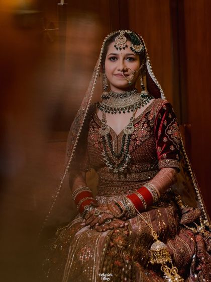 A beautiful bridal portrait with a soft, artistic blur in the foreground. The bride's calm expression and stunning attire are the focus of this shot.