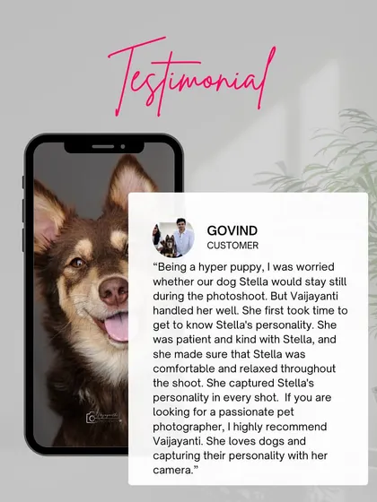 A duplicate of Govind's kind testimonial about the shoot with his hyper puppy, Stella.