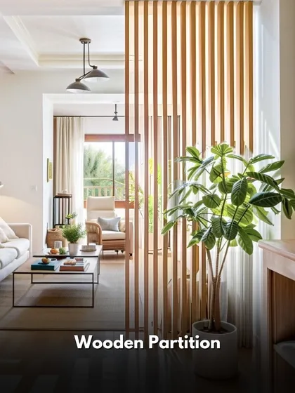 Partition Idea: Wooden Partition. Slatted wood partitions create a sense of separation while still allowing light and air to flow through, adding a natural and warm element to the room.
