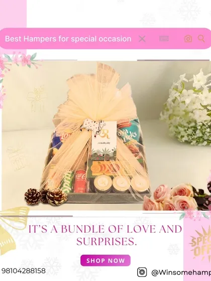 A bundle of love and surprises, perfect for any special occasion. This hamper is packed with snacks and drinks, beautifully wrapped in delicate netting and ready to be gifted.