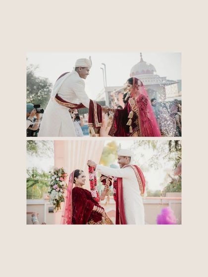 A collage of two key ceremony moments: the groom seeing his bride for the first time, and the exchange of garlands.