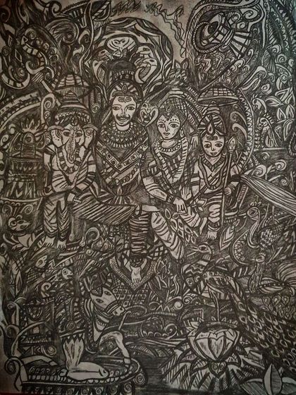 A full family portrait of Lord Shiva, Parvati, Ganesha, and Kartikeya, rendered in my detailed zentangle style.
