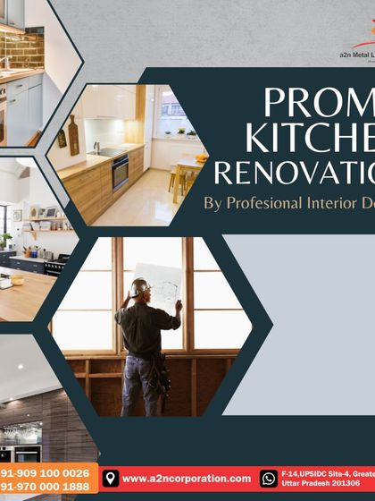 This promotional graphic highlights our kitchen renovation services. It shows a variety of styles we can create, from rustic wood finishes to modern minimalist designs, all handled by our professional interior designers.