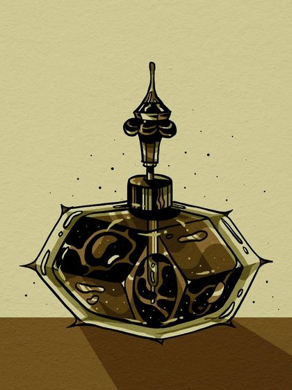 A hexagonal, spiky perfume bottle with an ornate stopper.