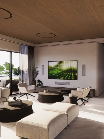 A minimalist design concept for an upcoming project in Parel, Mumbai. This render showcases a living room with a warm wood ceiling, custom curved coffee tables, and a seamless connection to an outdoor balcony, setting the stage for a sophisticated urban home.