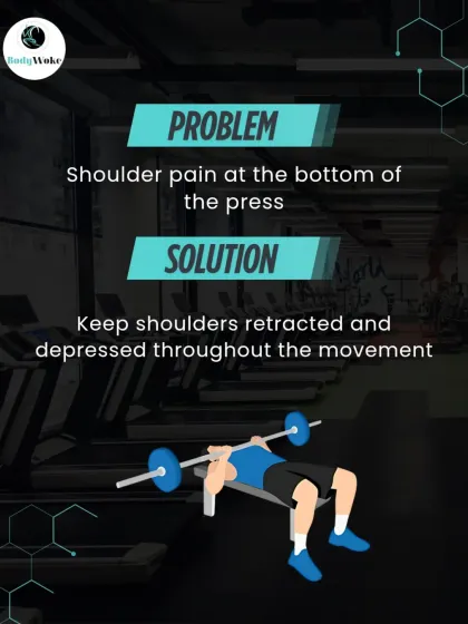 Problem: Shoulder pain at the bottom of the press. Solution: Keep shoulders retracted and depressed throughout the movement to protect the joint.