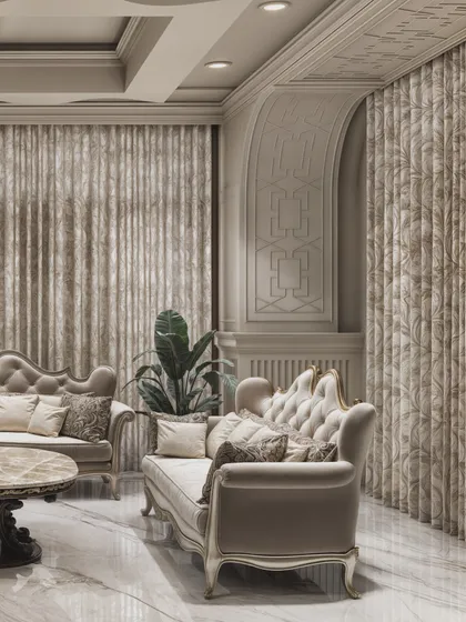 This view shows the intricate wall and archway moldings, rendered with precision to highlight the classical architectural details.