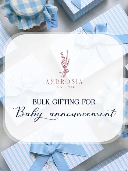 Bulk gifting for baby announcements. We create custom themes and packaging, like these blue striped boxes and gingham-topped jars, to match your vision.